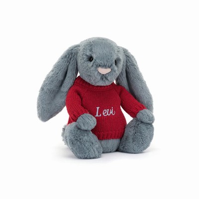 Jellycat Bashful Dusky Blue Bunny with Red Jumper USA | 75403SXGW